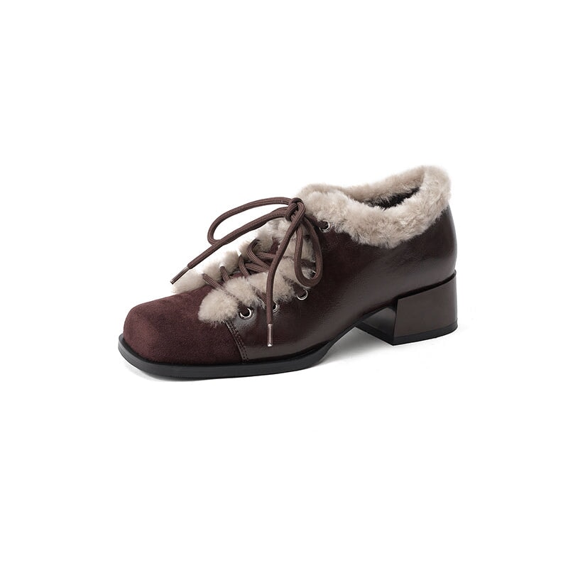 British Style Square Toe Lace-Up Shaggy Sheepskin Oxford Shoes in Black/Brown