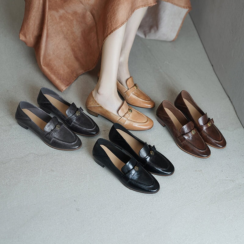 British Style Washed Horse Leather Penny Loafers with Metal Camellia Black/Grey/Brown/Apricot