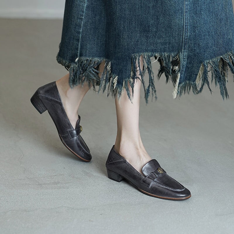 British Style Washed Horse Leather Penny Loafers with Metal Camellia Black/Grey/Brown/Apricot