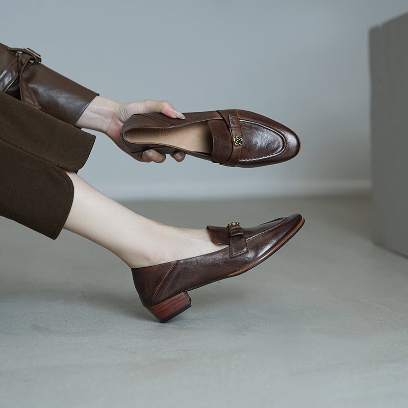 British Style Washed Horse Leather Penny Loafers with Metal Camellia Black/Grey/Brown/Apricot