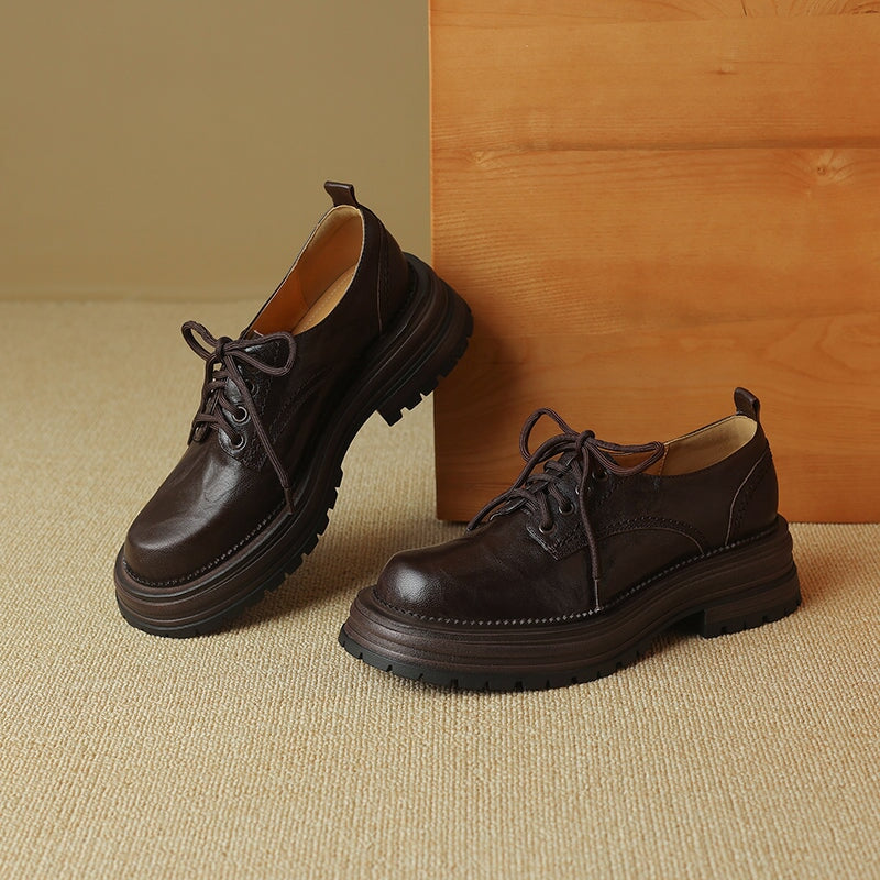 British Styles Handmade Leather Round Toe Chunky Oxford Shoes with 45mm Platform in Black/Brown