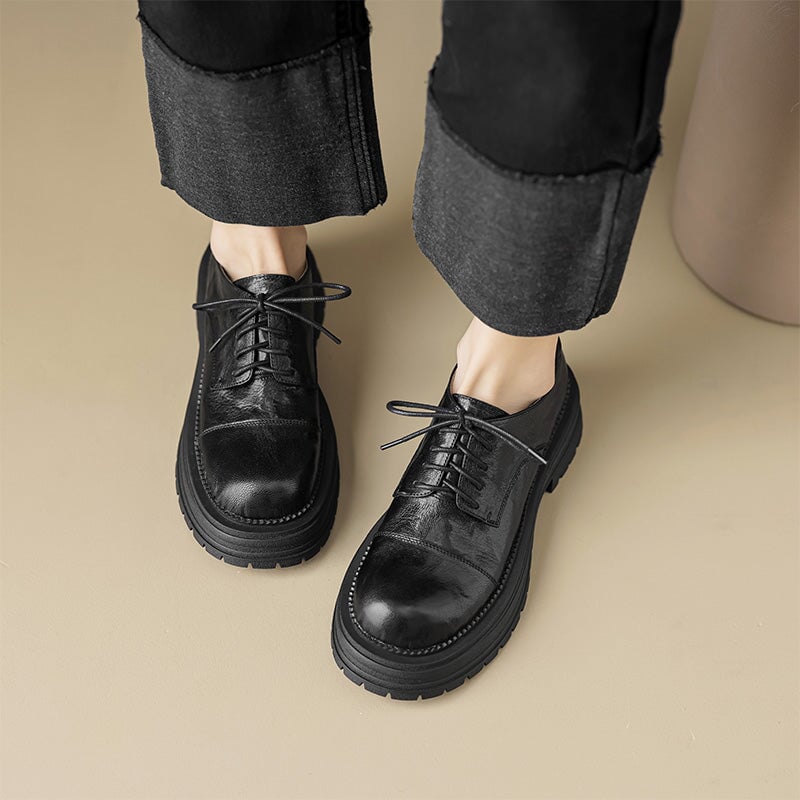 Cap-Toe Chunky Platform Derby Shoes Vintage Leather Oxford Shoes in Dark Brown/Black