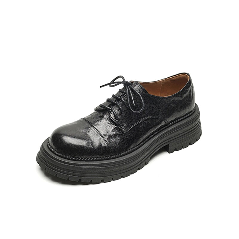Cap-Toe Chunky Platform Derby Shoes Vintage Leather Oxford Shoes in Dark Brown/Black