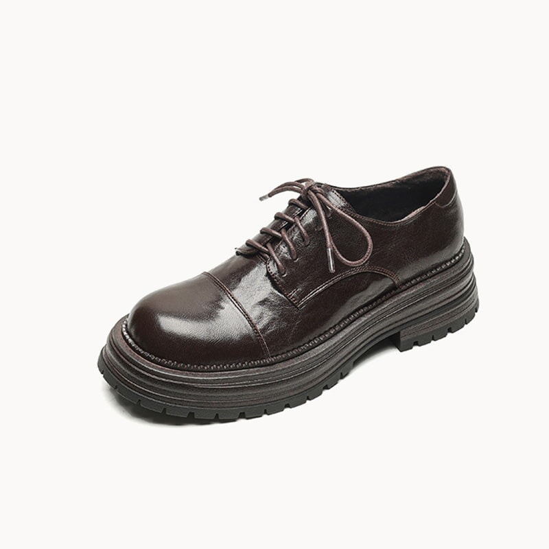Cap-Toe Chunky Platform Derby Shoes Vintage Leather Oxford Shoes in Dark Brown/Black