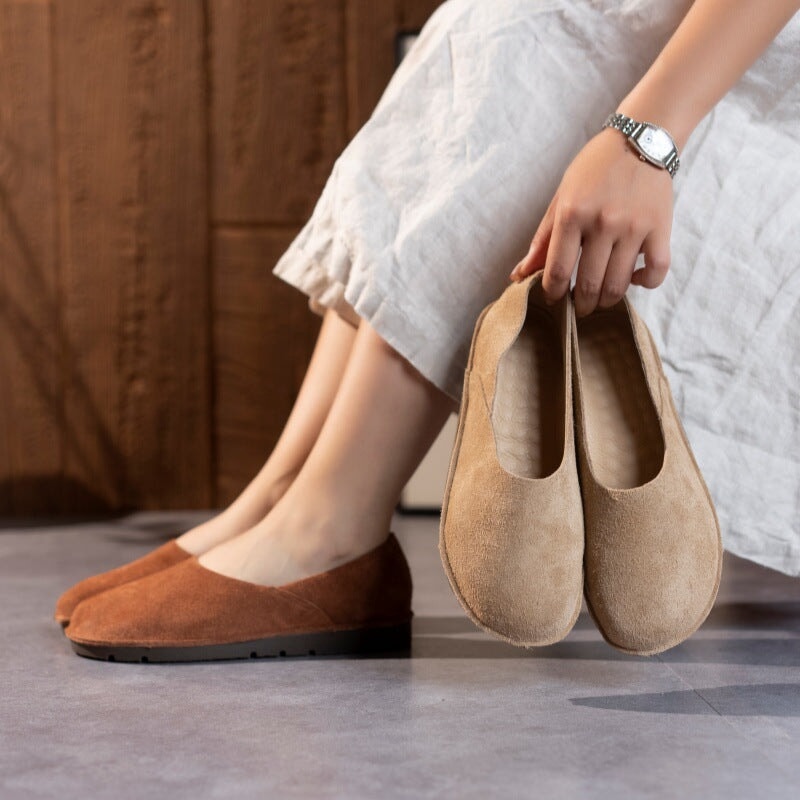 Casual Suede Leather Slip-On Loafers Breathable Barefoot Flat Shoes in Khaki/Yellow Brown/Beige/Coffee