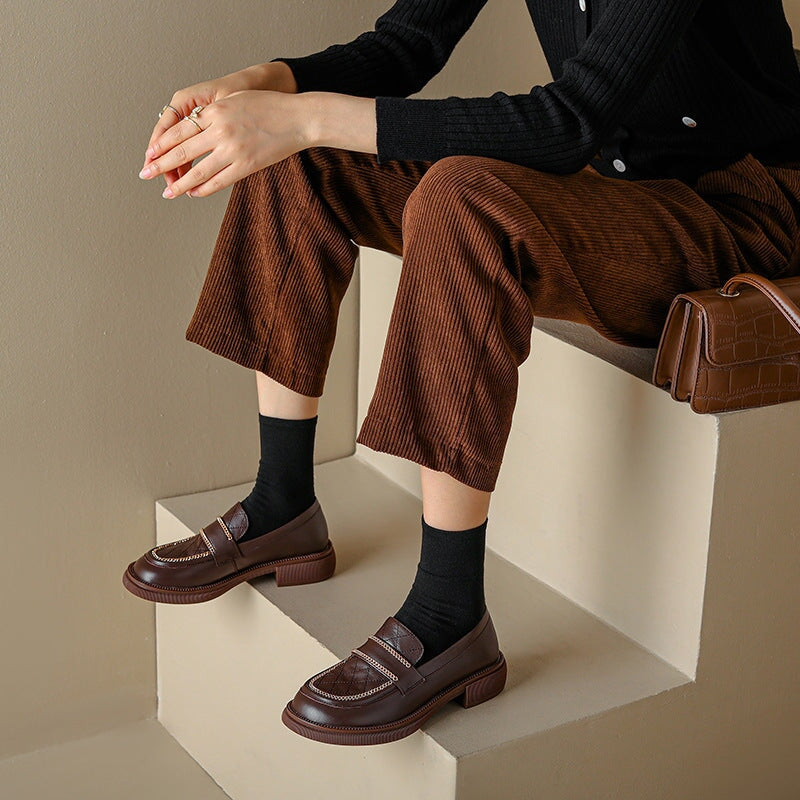 Chain-embellishment Leather Loafers Soft Round Toe Handmade in Black/Brown
