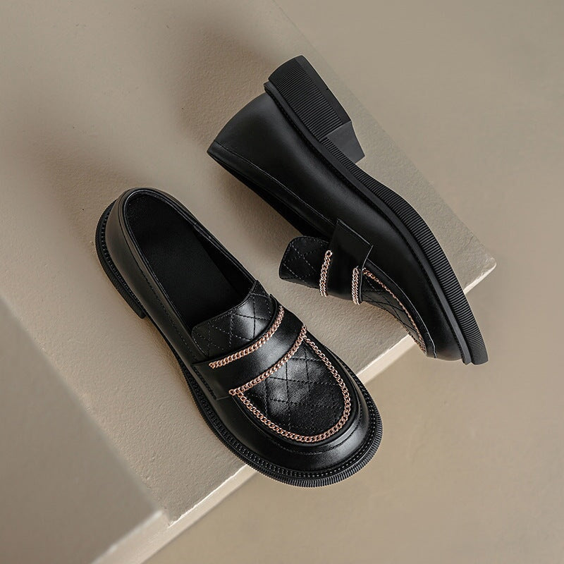 Chain-embellishment Leather Loafers Soft Round Toe Handmade in Black/Brown
