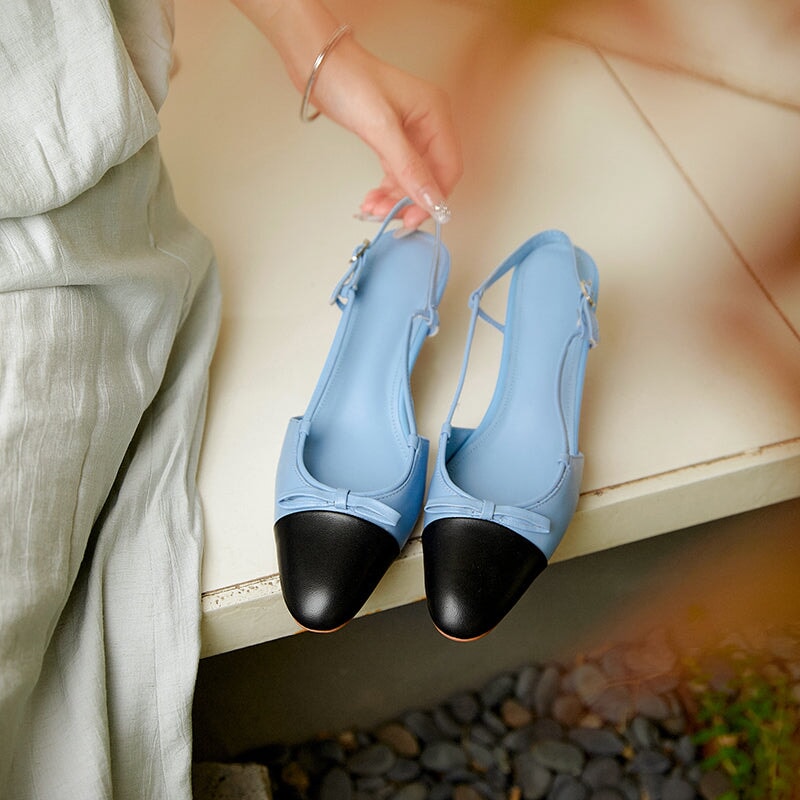 Chic Color Block Pointed Toe 50mm Kitten Heels Slingback Pumps with Bow in 6 Colors