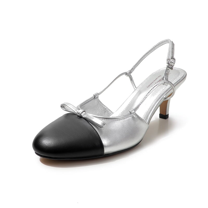 Chic Color Block Pointed Toe 50mm Kitten Heels Slingback Pumps with Bow in 6 Colors