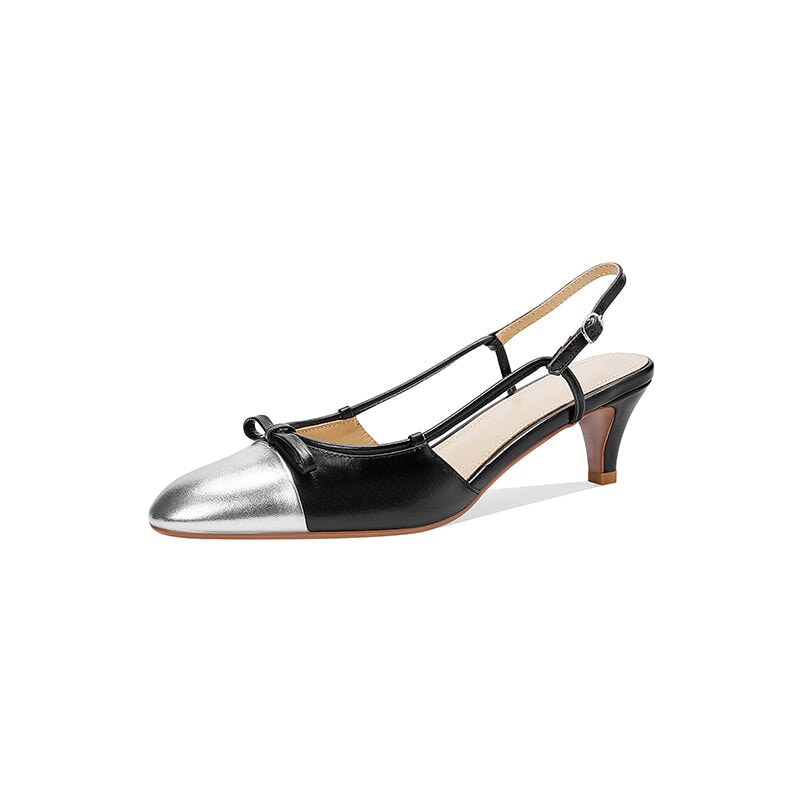 Chic Color Block Pointed Toe 50mm Kitten Heels Slingback Pumps with Bow in 6 Colors