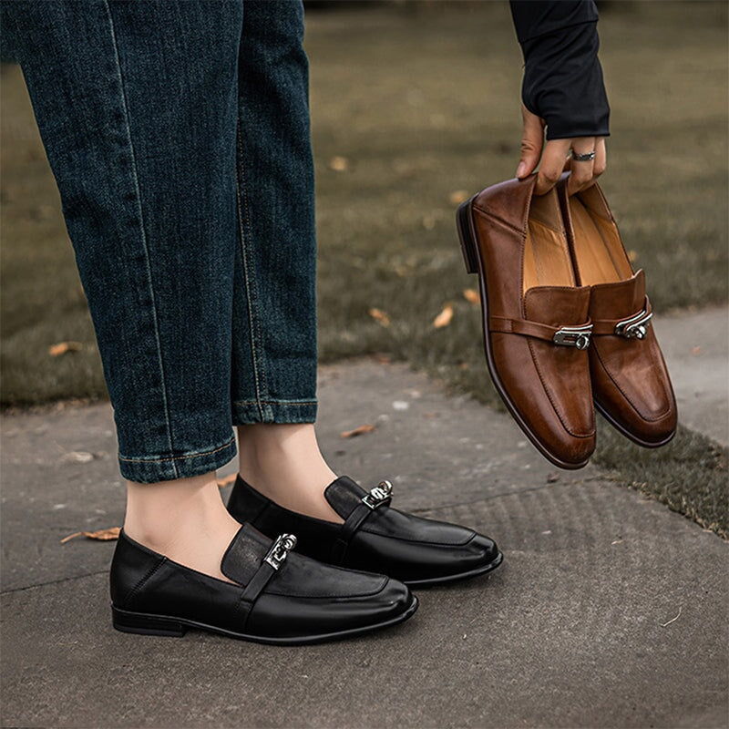 Classic Block Heel Leather Loafers for Women with Metal Buckle in Brown/Black