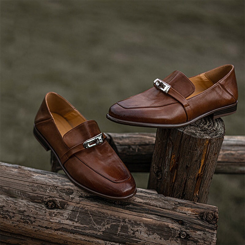 Classic Block Heel Leather Loafers for Women with Metal Buckle in Brown/Black