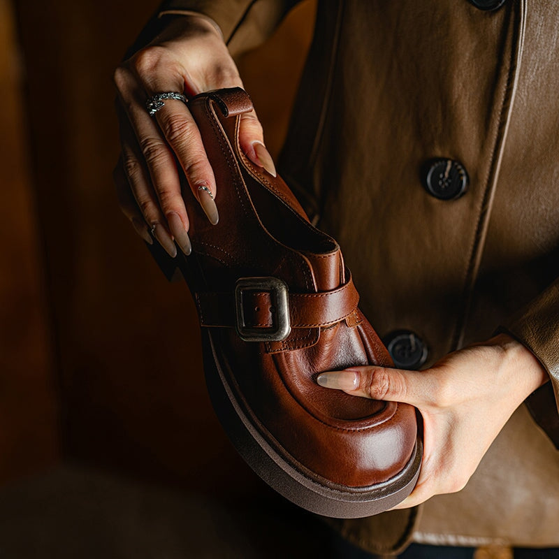 Classic Chunky Heel Cowhide Loafers with Round Toe Metal Button in Brown/Black