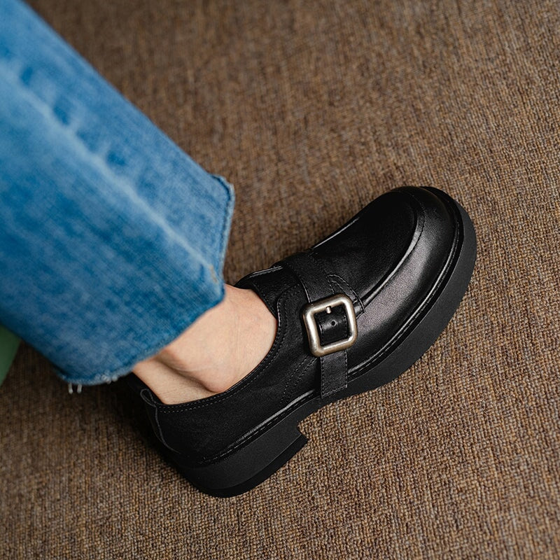 Classic Chunky Heel Cowhide Loafers with Round Toe Metal Button in Brown/Black