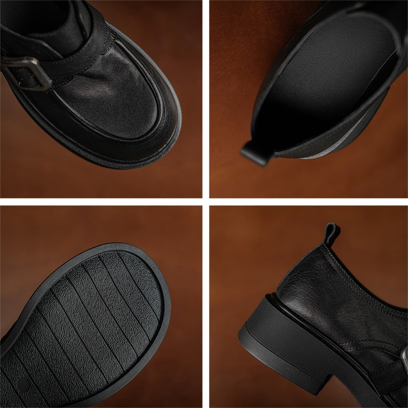 Classic Chunky Heel Cowhide Loafers with Round Toe Metal Button in Brown/Black