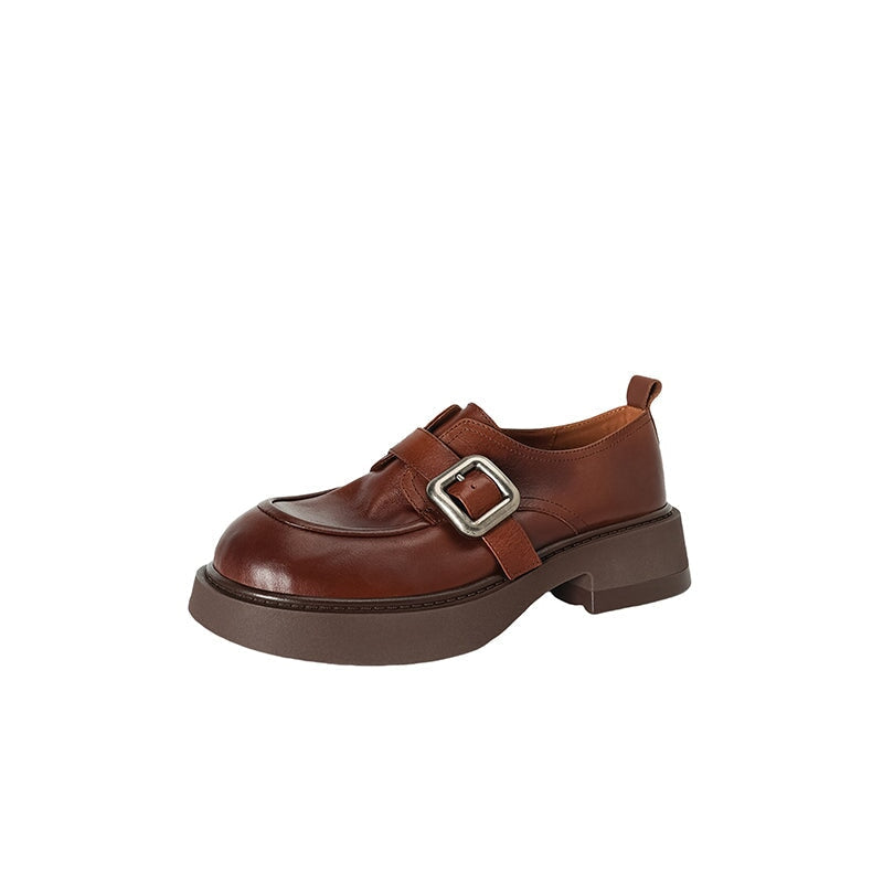 Classic Chunky Heel Cowhide Loafers with Round Toe Metal Button in Brown/Black