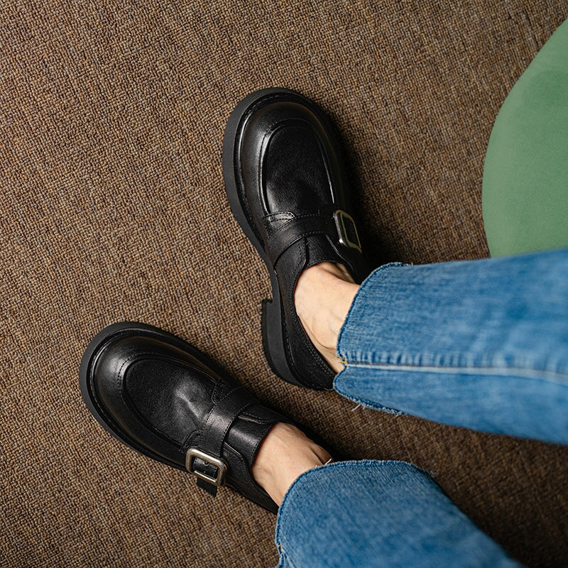 Classic Chunky Heel Cowhide Loafers with Round Toe Metal Button in Brown/Black