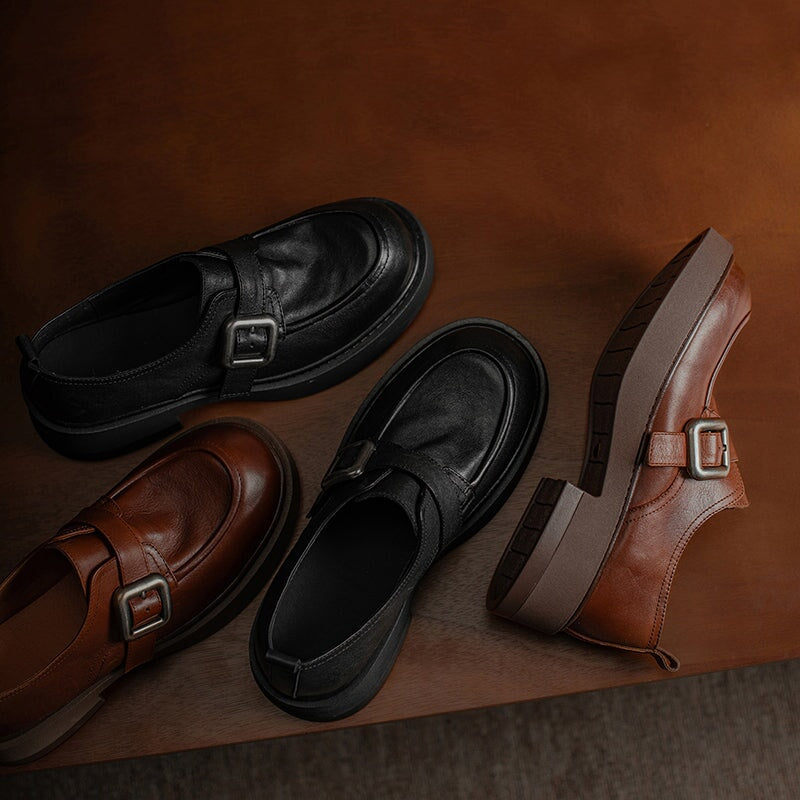 Classic Chunky Heel Cowhide Loafers with Round Toe Metal Button in Brown/Black