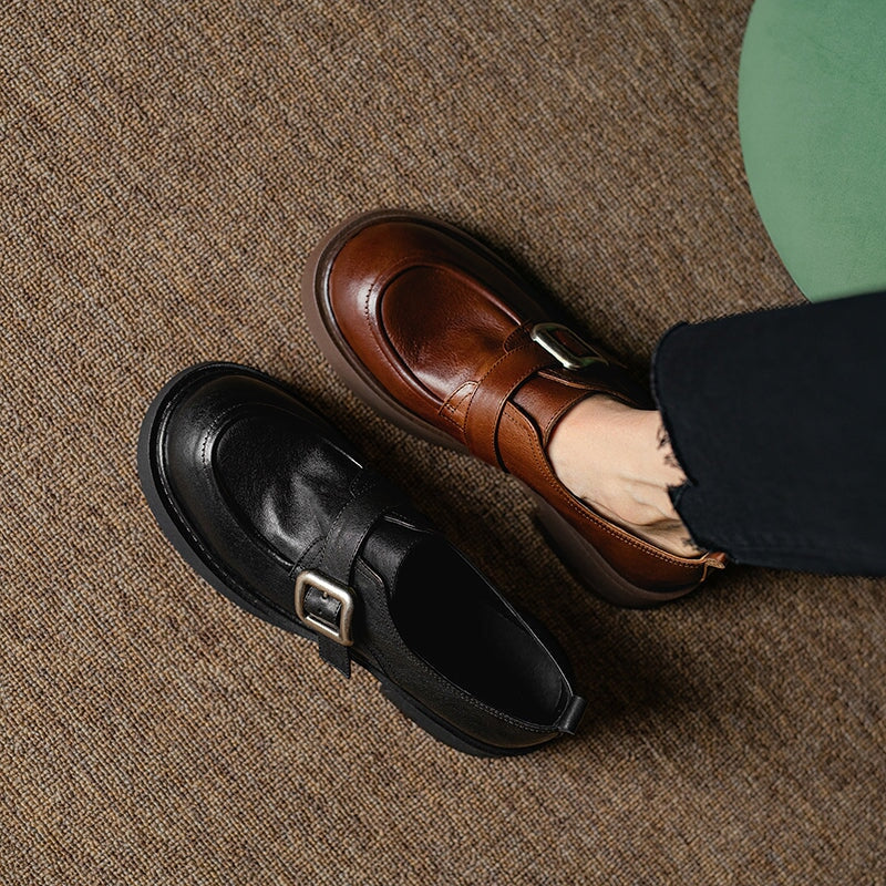 Classic Chunky Heel Cowhide Loafers with Round Toe Metal Button in Brown/Black