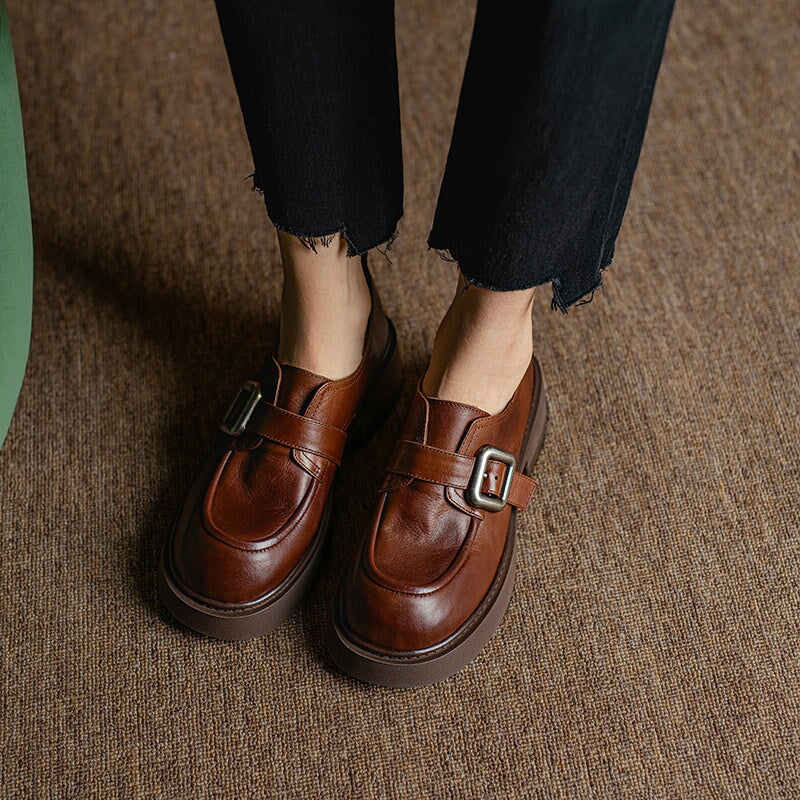 Classic Chunky Heel Cowhide Loafers with Round Toe Metal Button in Brown/Black