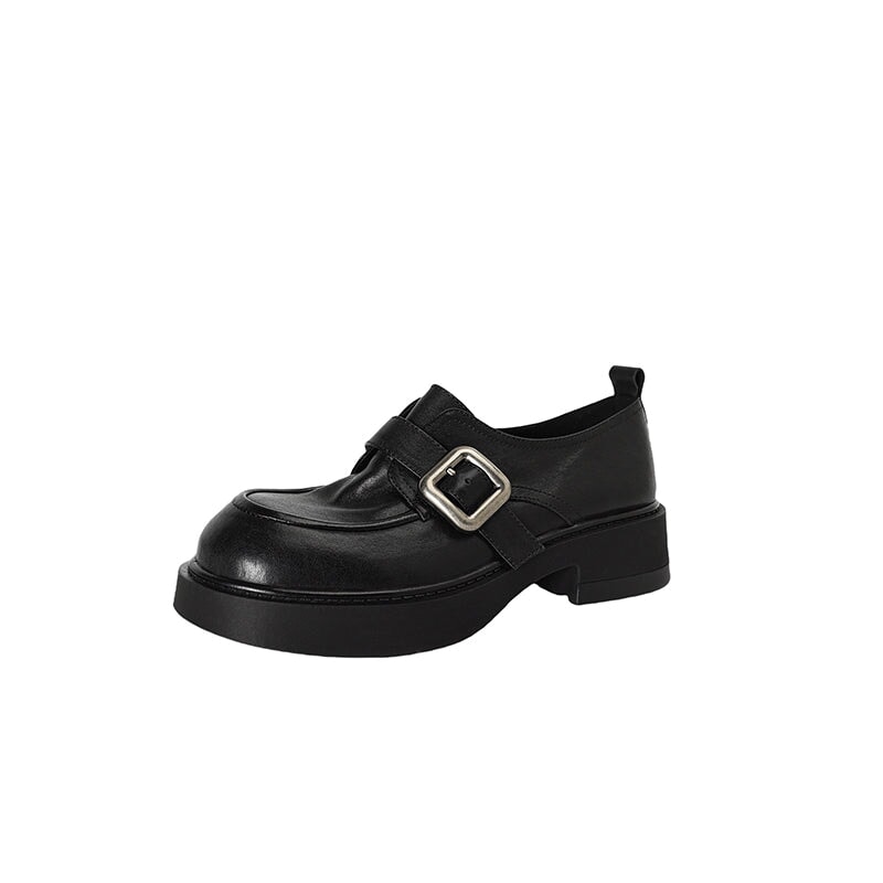 Classic Chunky Heel Cowhide Loafers with Round Toe Metal Button in Brown/Black