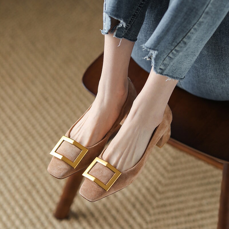 Classic Square Toe 50mm Block Heel Work Pumps for Women with Gold Buckle in Apricot/Black