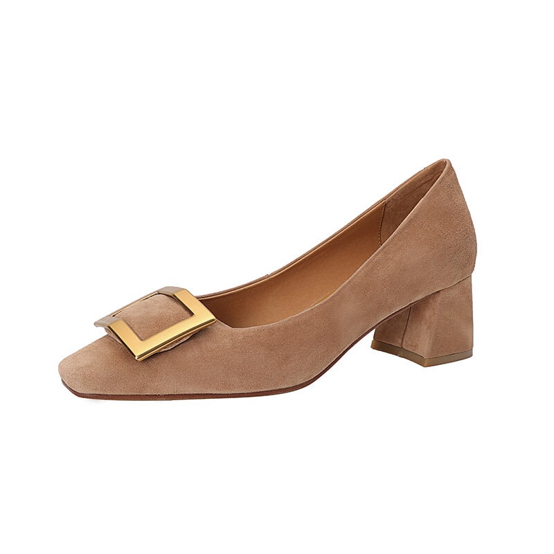 Classic Square Toe 50mm Block Heel Work Pumps for Women with Gold Buckle in Apricot/Black