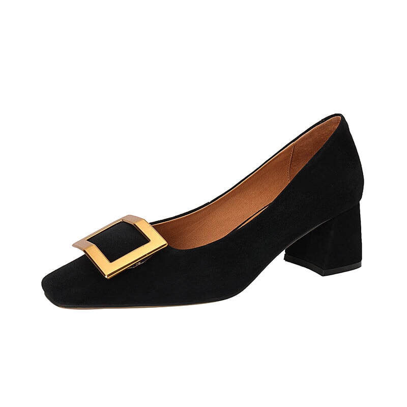 Classic Square Toe 50mm Block Heel Work Pumps for Women with Gold Buckle in Apricot/Black