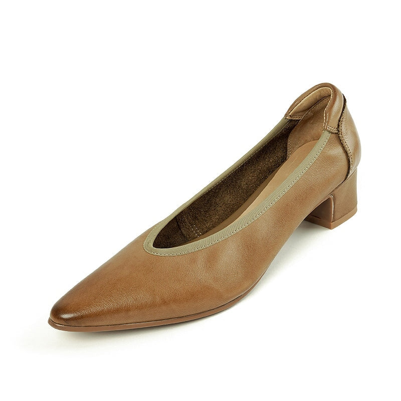 Cow Leather Pointed Toe Pumps for Women 40mm Block Heels Formal Style in Khaki/Beige/Black