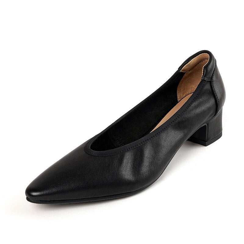 Cow Leather Pointed Toe Pumps for Women 40mm Block Heels Formal Style in Khaki/Beige/Black