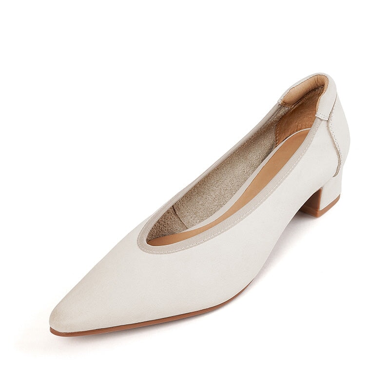 Cow Leather Pointed Toe Pumps for Women 40mm Block Heels Formal Style in Khaki/Beige/Black