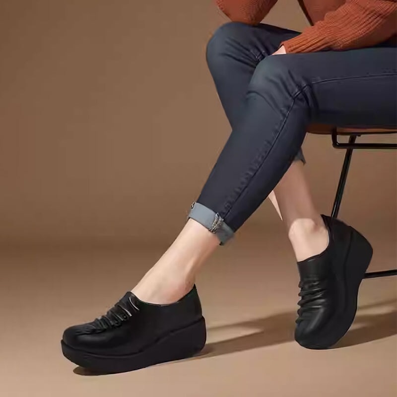 Custom Color Women’s Casual Slip-On Wedge Loafers Leather Platform Shoes with Pleated Design in Black