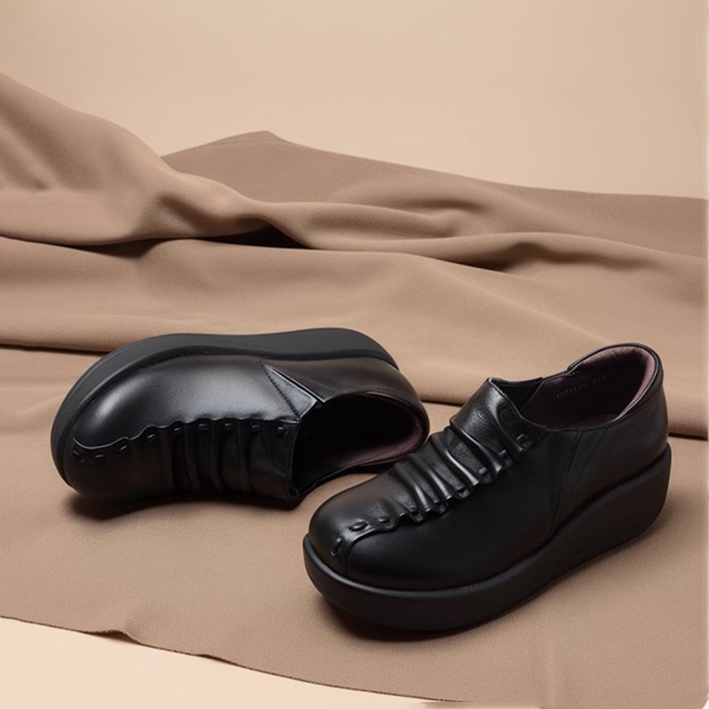 Custom Color Women’s Casual Slip-On Wedge Loafers Leather Platform Shoes with Pleated Design in Black