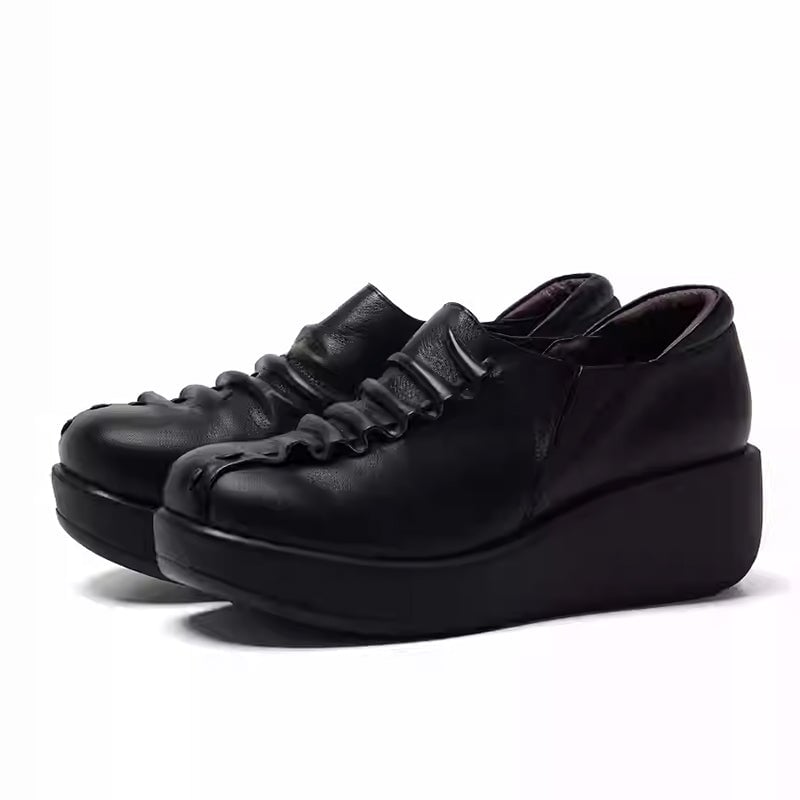 Custom Color Women’s Casual Slip-On Wedge Loafers Leather Platform Shoes with Pleated Design in Black