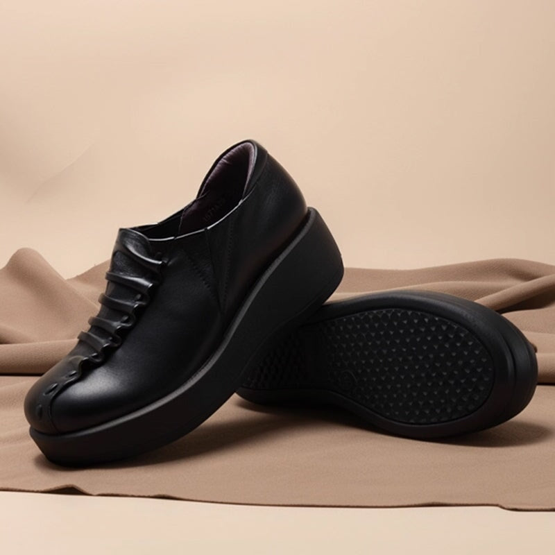 Custom Color Women’s Casual Slip-On Wedge Loafers Leather Platform Shoes with Pleated Design in Black