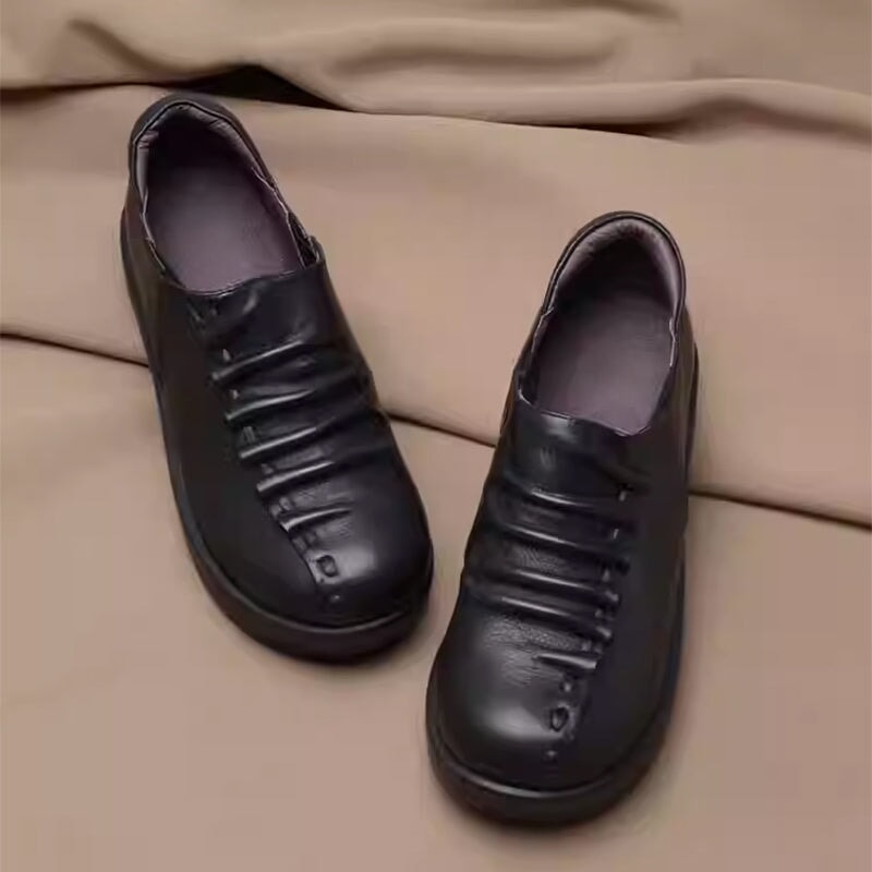 Custom Color Women’s Casual Slip-On Wedge Loafers Leather Platform Shoes with Pleated Design in Black