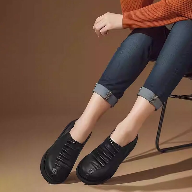 Custom Color Women’s Casual Slip-On Wedge Loafers Leather Platform Shoes with Pleated Design in Black