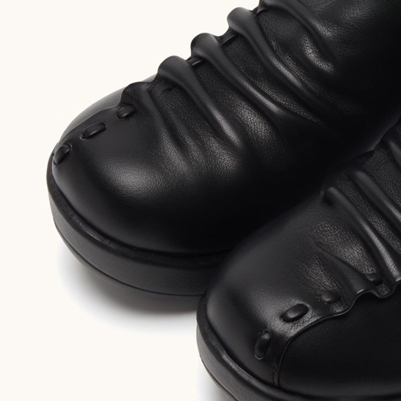 Custom Color Women’s Casual Slip-On Wedge Loafers Leather Platform Shoes with Pleated Design in Black