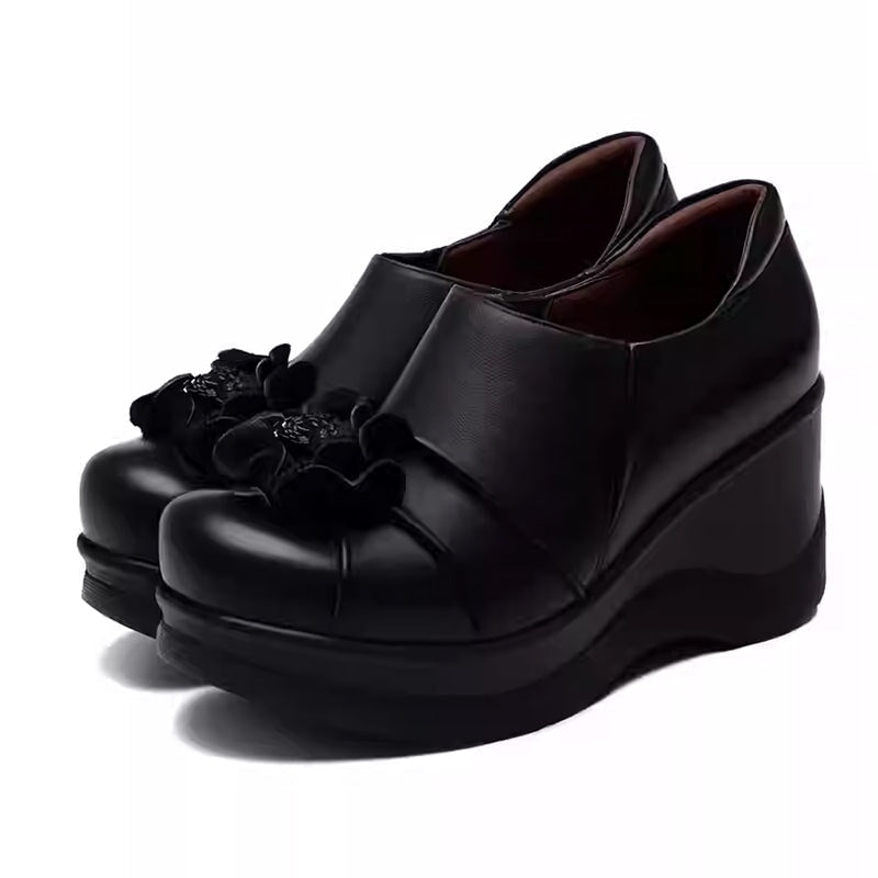 Custom Color Women’s Handmade Leather Platform Slip-On Loafers Casual Floral Wedge Shoes in Black