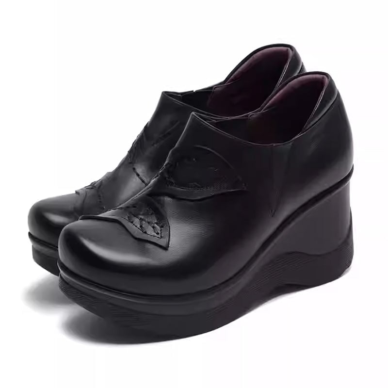 Custom Color Women’s Leather Slip-On Loafers Handmade Wedge Platform Shoes with Leaf Design in Black