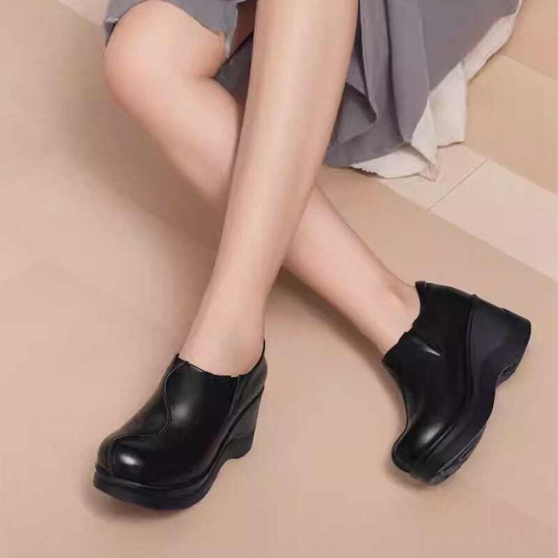 Custom Color Women’s Leather Slip-On Loafers Handmade Wedge Platform Walking Shoes in Black