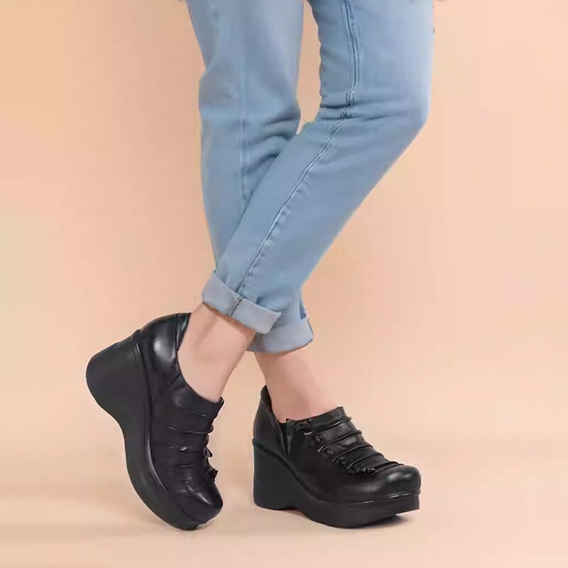 Custom Color Women’s Leather Slip-On Loafers Handmade Wedge Platforms with Retro Pleated Design in Black