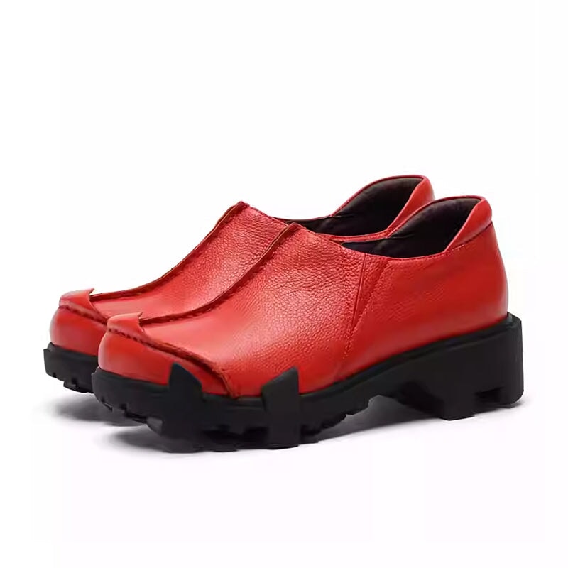 Custom Color Women’s Retro Leather Loafers Handmade Casual Platform Commuter Shoes in Black/Red