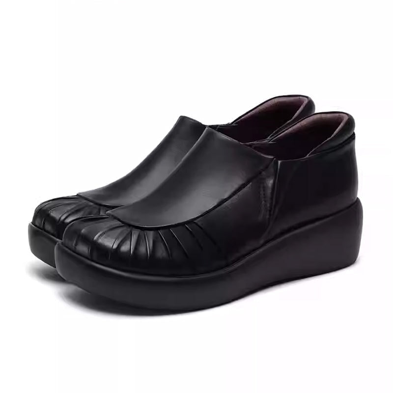 Custom Color Women’s Retro Slip-On Wedge Loafers Leather Casual Platform Shoes with Pleated Design in Black