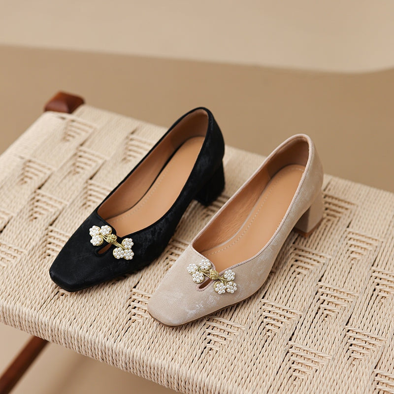 Eastern Style Square Toe Comfortable Cowhide Pumps in Apricot/Black