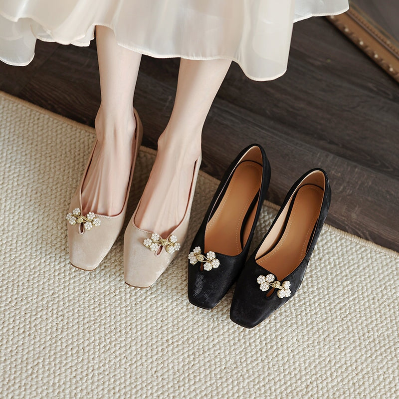 Eastern Style Square Toe Comfortable Cowhide Pumps in Apricot/Black