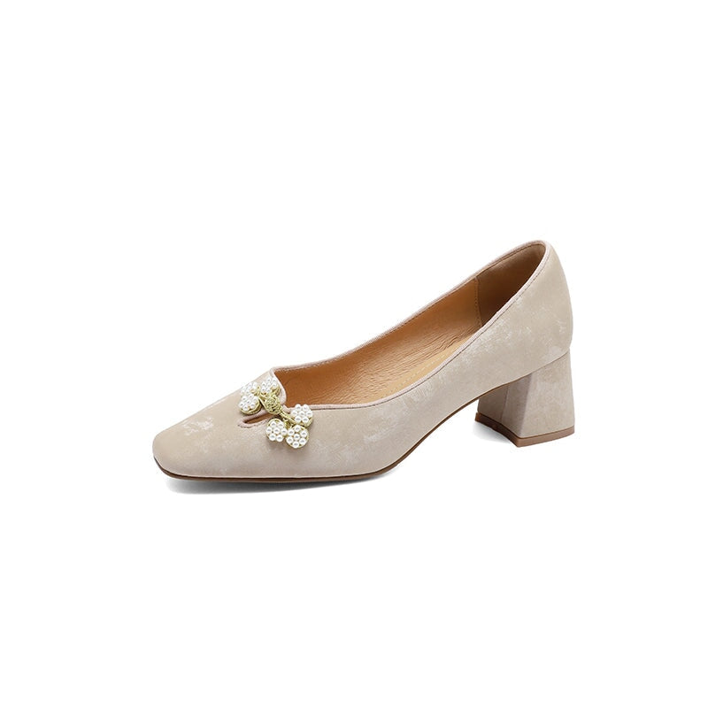 Eastern Style Square Toe Comfortable Cowhide Pumps in Apricot/Black
