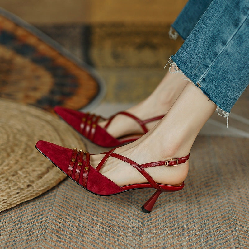 Elegant 68mm Kitty Heel Pointed-Toe Slingback Cross Straps Pumps with Rivet Design in Wine Red/Black