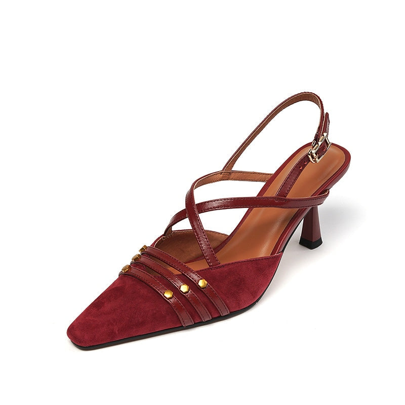 Elegant 68mm Kitty Heel Pointed-Toe Slingback Cross Straps Pumps with Rivet Design in Wine Red/Black