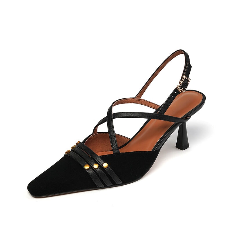 Elegant 68mm Kitty Heel Pointed-Toe Slingback Cross Straps Pumps with Rivet Design in Wine Red/Black